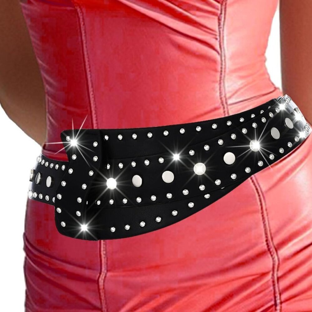 Black Leather Punk Wide Belt for Women Adjustable Waist Dress Accessories